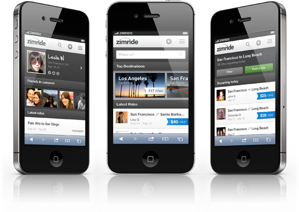 Zimride for Mobile Web screens
